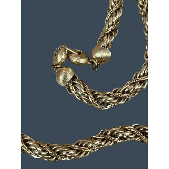 Vintage Monet Gold-Tone Twisted Rope Chain Necklace With Textured Beads & Clasp - Picture 5 of 8